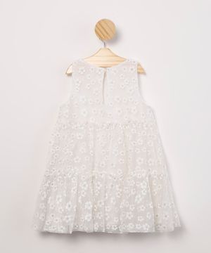 vestido infantil de tule sem manga com bordado floral off white