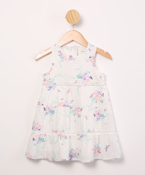 vestido infantil de viscose sem manga com entremeios estampado de poá off white