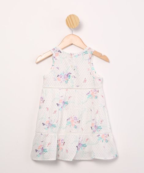 vestido infantil de viscose sem manga com entremeios estampado de poá off white