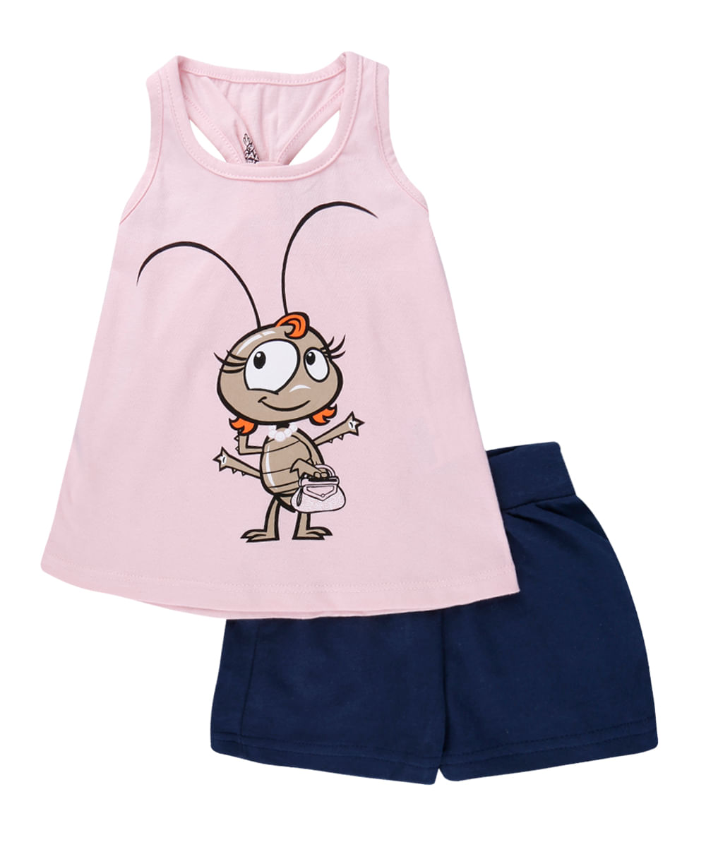 Conjunto Regata com Estampa Galinha Pintadinha + Short Menina Rosa