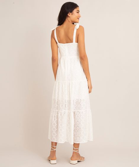 vestido midi de laise com recortes e amarração alça média off white