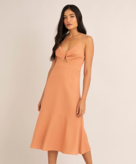 vestido midi cut out com linho e recorte alça fina coral