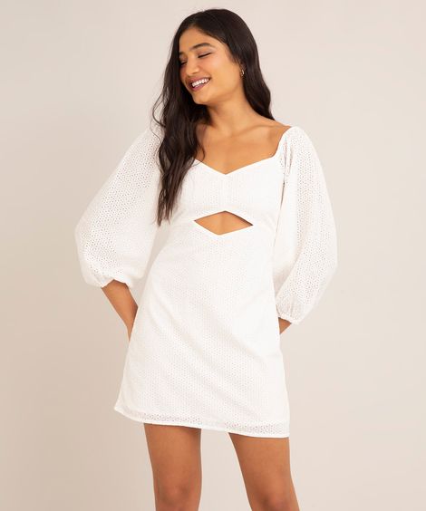 vestido curto de laise cut out manga bufante off white