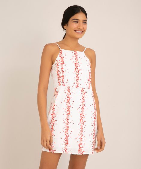 vestido curto de viscose estampado floral alça fina decote halter neck off white