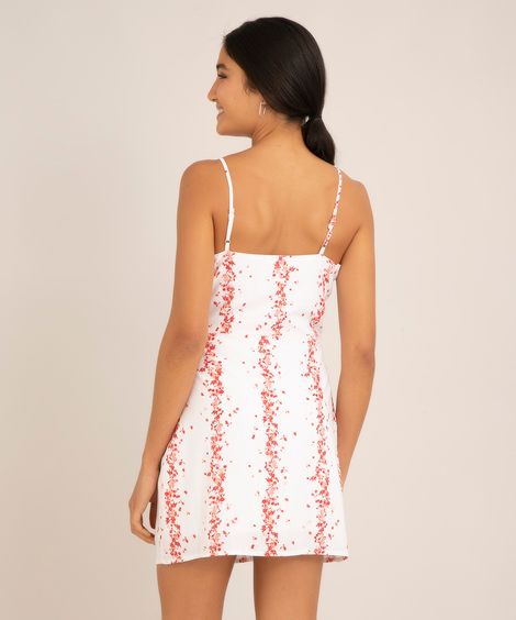 vestido curto de viscose estampado floral alça fina decote halter neck off white