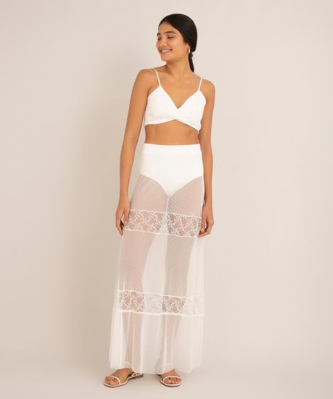 saia longa hot pant de tule com recorte e renda off white