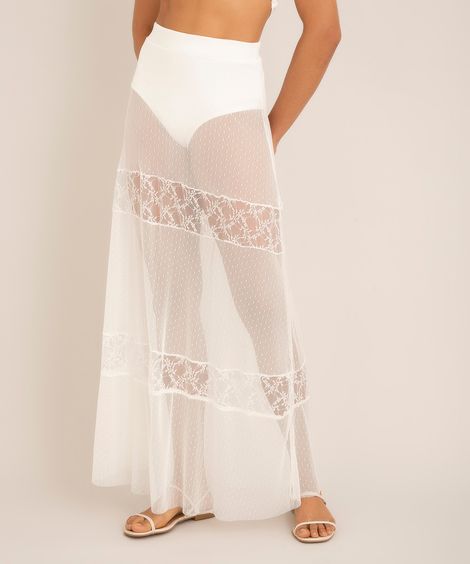 saia longa hot pant de tule com recorte e renda off white
