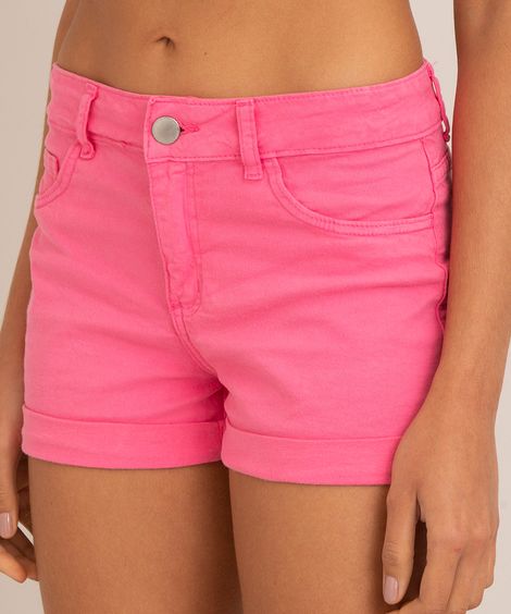 short de sarja reto cintura baixa barra dobrada rosa