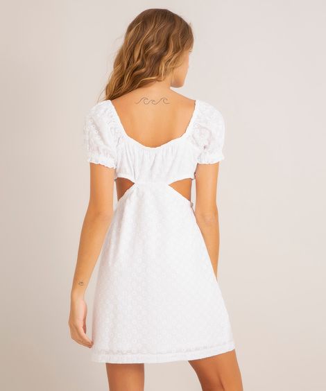 vestido curto de laise manga bufante decote v cut out com amarração off white