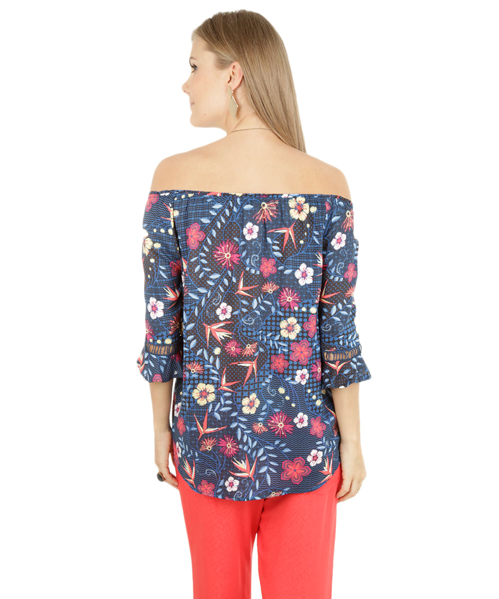 Bata Floral Ombro a Ombro Azul Marinho