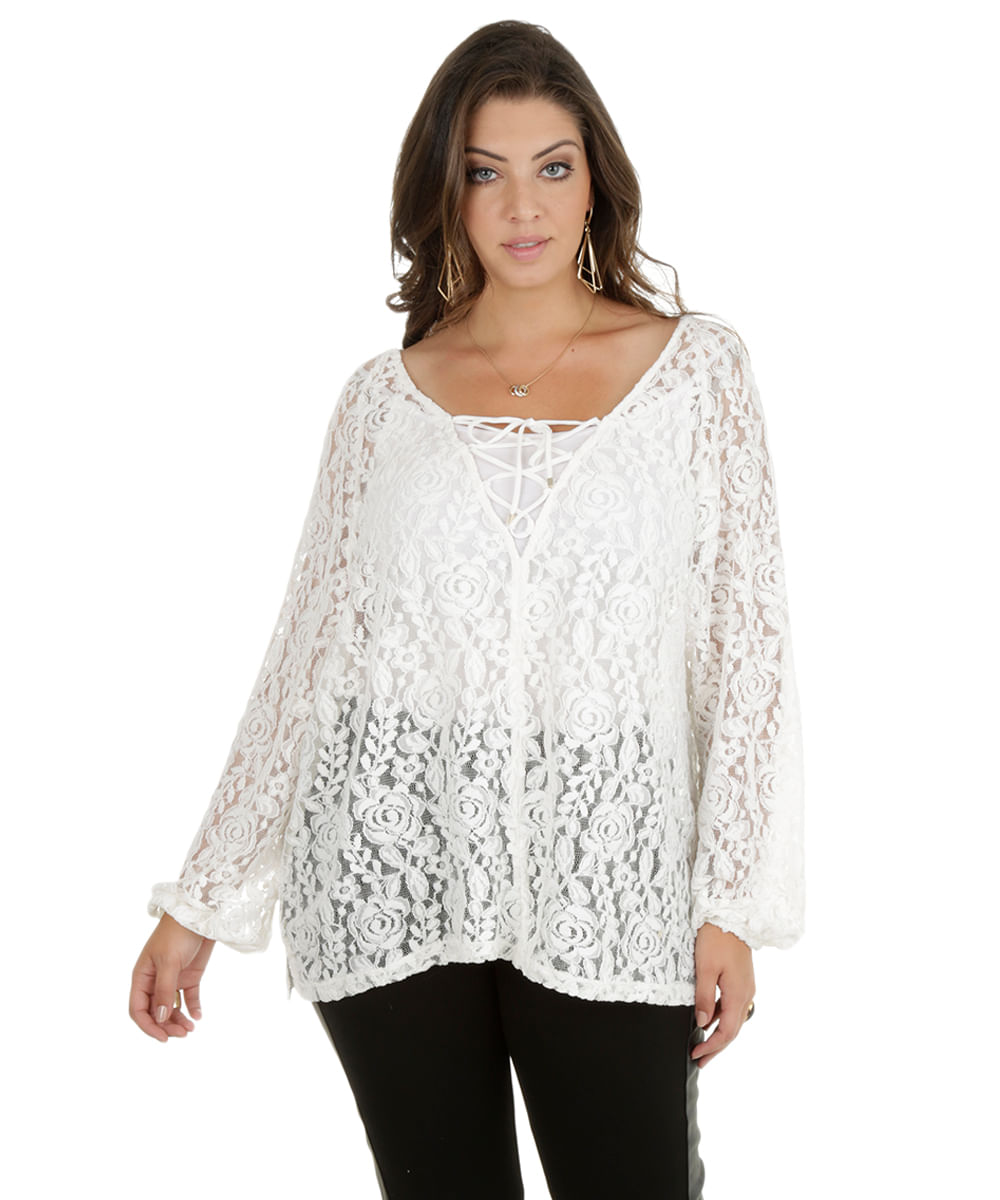Blusa Plus Size em Renda Off White