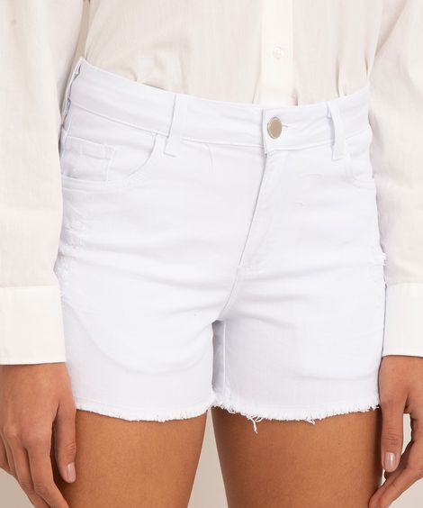short reto de sarja cintura média com barra desfiada branco