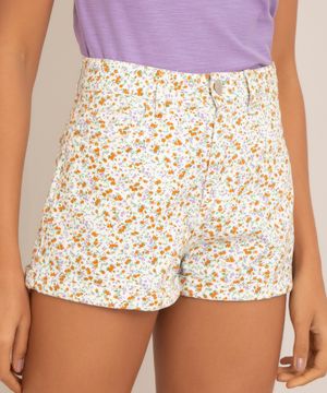 short mom de sarja cintura super alta estampado floral multicor