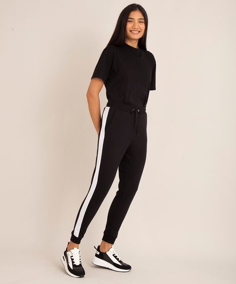 Calça Feminina Jogger Cintura Média em Moletom com Faixa Lateral Preta