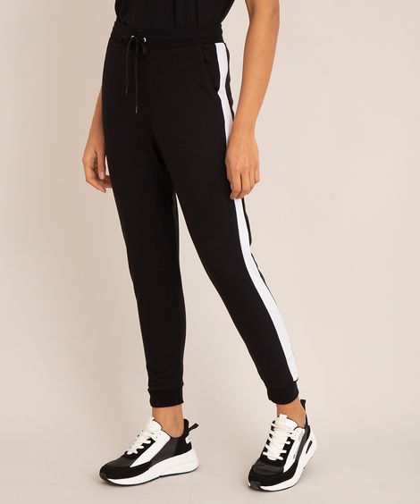 Calça Feminina Jogger Cintura Média em Moletom com Faixa Lateral Preta