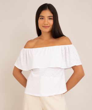 blusa ciganinha de laise decote ombro a ombro off white