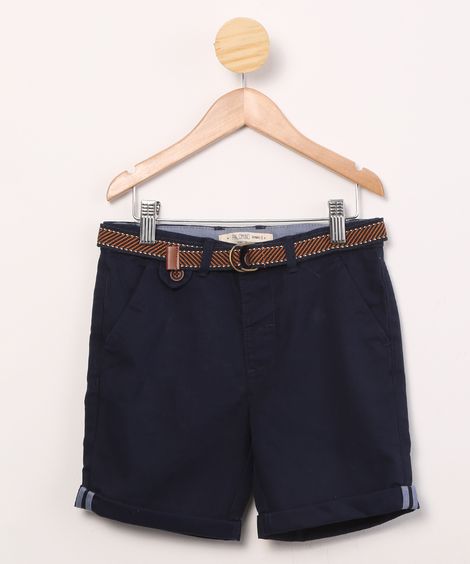 bermuda de sarja infantil com bolsos e cinto azul marinho