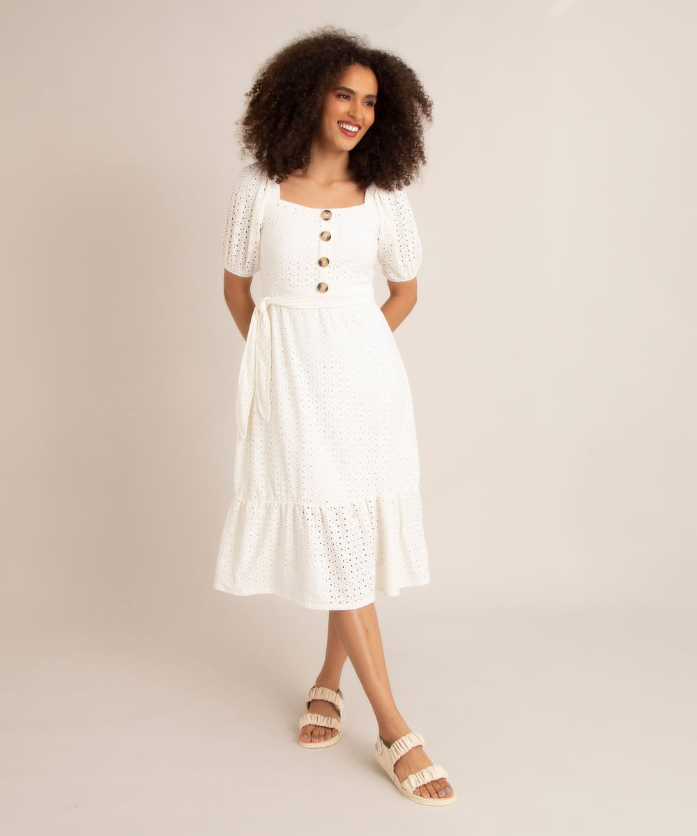 Vestido midi de laise com manga bufante - Yessica