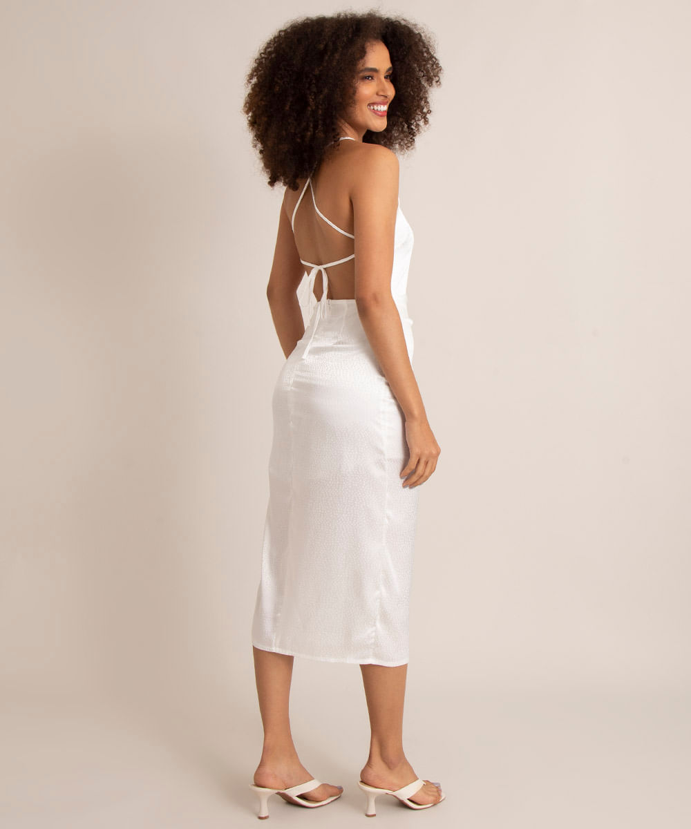 vestido slip de cetim degagê alça fina com franzido e fenda branco