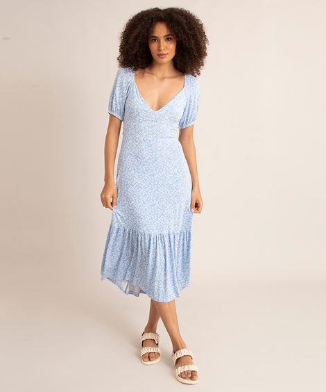 vestido midi estampado floral cut out manga bufante decote v azul