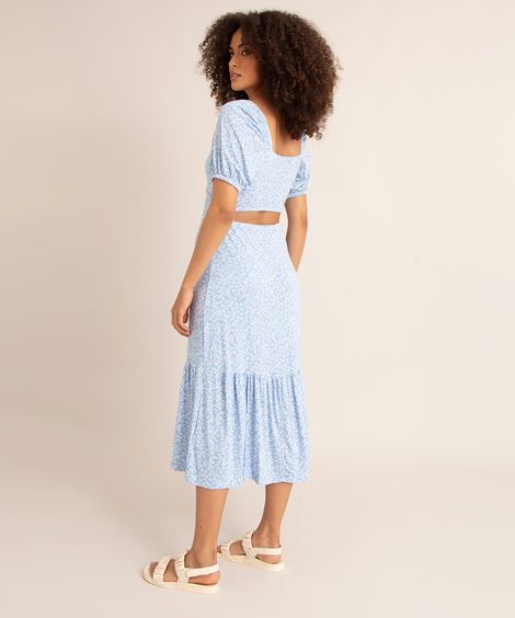 vestido midi estampado floral cut out manga bufante decote v azul