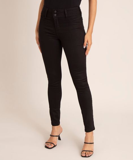 Calça de Sarja Feminina Super Skinny Cintura Média Pull Up Preta