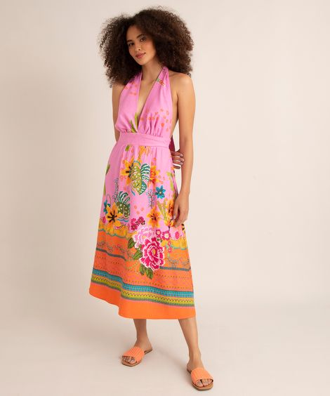 vestido midi de linho estampado floral frente única rosa