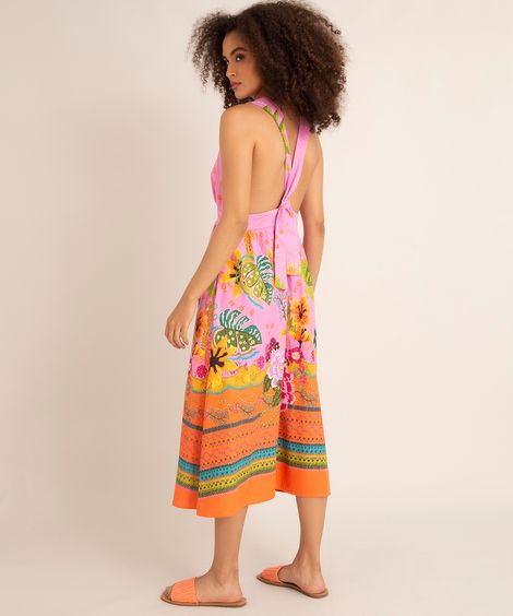 vestido midi de linho estampado floral frente única rosa