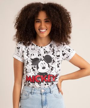Blusa Feminina Mickey Estampada Manga Curta Decote Redondo Off White