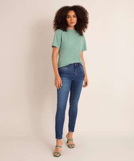 Calça Cigarrete Jeans Cintura Média Azul Médio