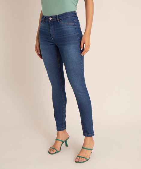 Calça Cigarrete Jeans Cintura Média Azul Médio