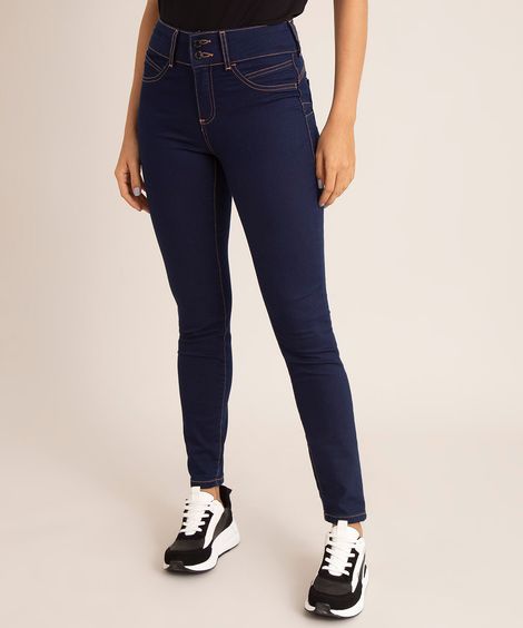 Calça Super Skinny Jeans Cintura Média Azul Escuro