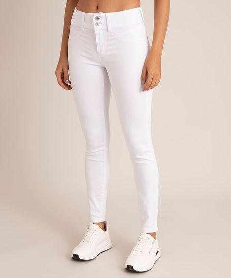 Calça de Sarja Feminina Skinny Pull Up Cintura Alta  Branca