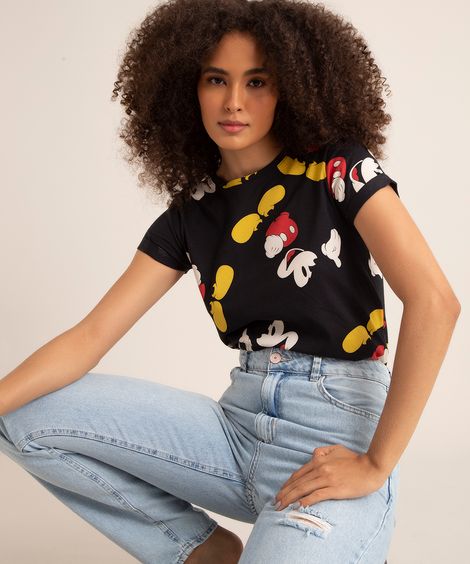 Blusa Feminina Mickey Mouse Estampada Manga Curta Decote Redondo Preta