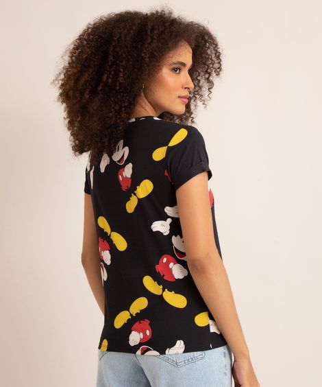 Blusa Feminina Mickey Mouse Estampada Manga Curta Decote Redondo Preta