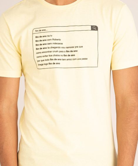 camiseta de algodão manga curta gola careca "fim de ano" amarelo claro