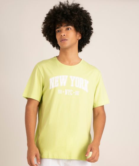 camiseta de algodão manga curta gola careca "new york" verde claro