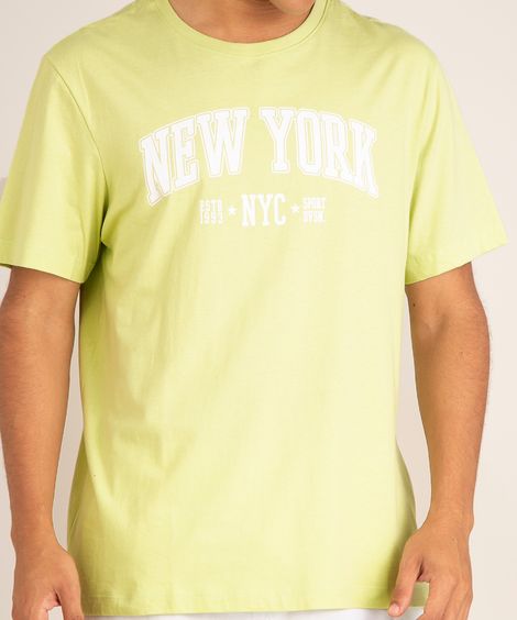 camiseta de algodão manga curta gola careca "new york" verde claro