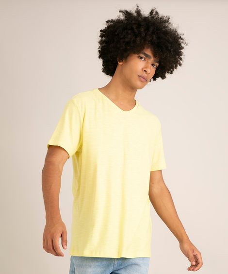 Camiseta Masculina Básica Flamê Manga Curta Gola V Amarela Claro