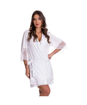 Robe Feminino Manga 7/8 em Microfibra e Renda Moda de Baixo - DR301 Branco