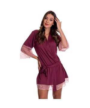 Robe Feminino Manga 7/8 em Microfibra e Renda Moda de Baixo - DR301 Vinho e Rosê