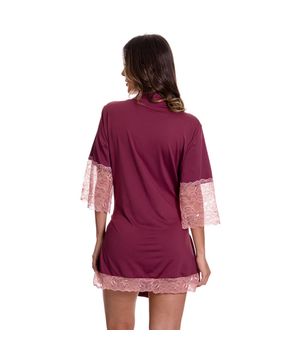 Robe Feminino Manga 7/8 em Microfibra e Renda Moda de Baixo - DR301 Vinho e Rosê