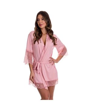 Robe Feminino Manga 7/8 em Microfibra e Renda Moda de Baixo - DR301 Rosê