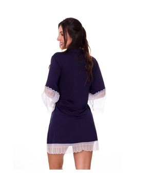 Robe Feminino Manga 7/8 em Microfibra e Renda Moda de Baixo - DR301 Azul Marinho e Branco