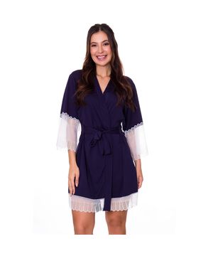 Robe Feminino Manga 7/8 em Microfibra e Renda Moda de Baixo - DR301 Azul Marinho e Branco