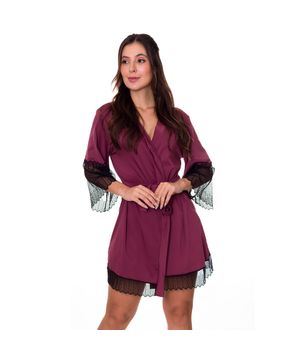 Robe Feminino Manga 7/8 em Microfibra e Renda Moda de Baixo - DR301 Vinho e preto