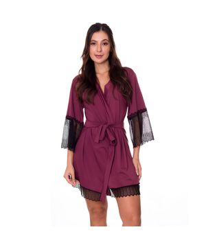 Robe Feminino Manga 7/8 em Microfibra e Renda Moda de Baixo - DR301 Vinho e preto