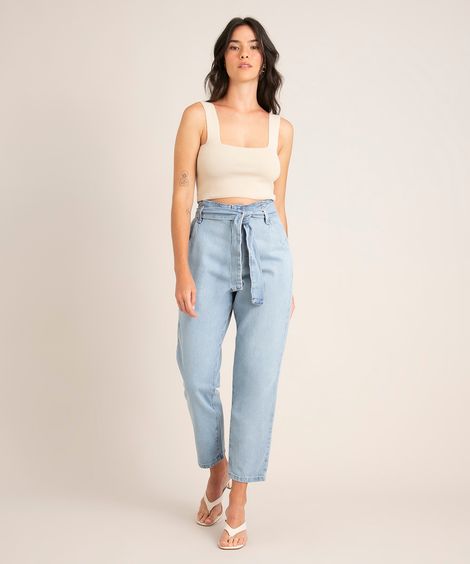 calça clochard cropped cintura super alta com faixa para amarrar azul claro