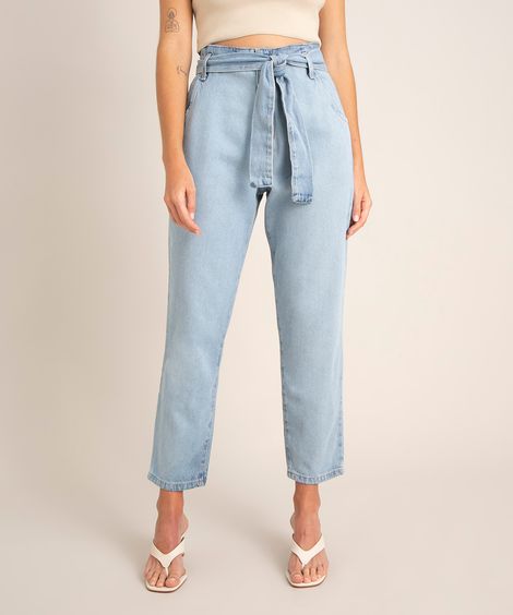 calça clochard cropped cintura super alta com faixa para amarrar azul claro