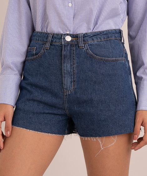 short mom cintura super alta jeans com bolsos azul escuro